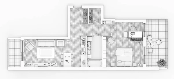 Чертеж Планировки Белом Фоне Макияж Меблированной Квартиры — стоковое фото