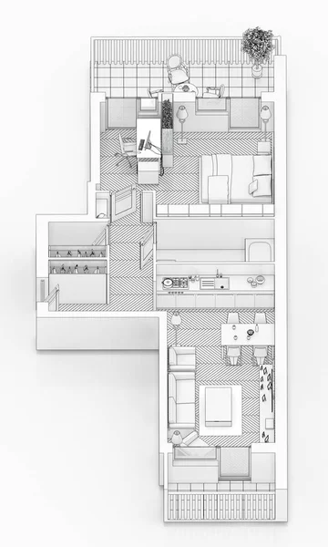 Line drawing floor plan on a white background, Mock up of furnished home apartment