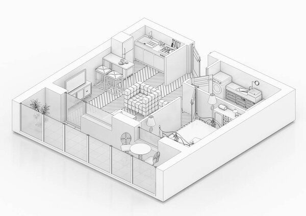 Чертеж планировки на белом фоне, макияж меблированной квартиры
