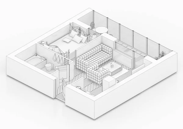 Plano Planta Dibujo Línea Sobre Fondo Blanco Burlan Apartamento Amueblado — Foto de Stock