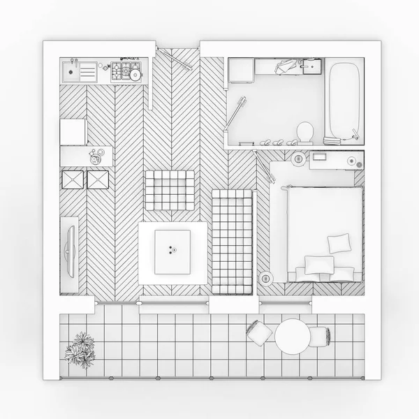 Beyaz bir arka plan üzerinde çizim kat planı sahte bir şekilde döşenmiş ev daire sıraya girin