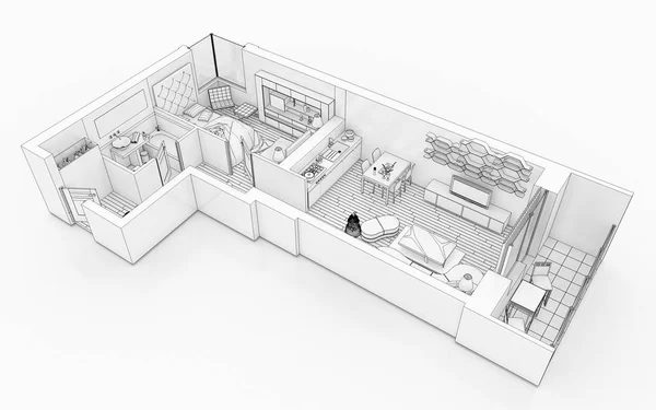 ホーム家具付きアパート模擬ホワイト バック グラウンド フロア プラン図面を行します — ストック写真