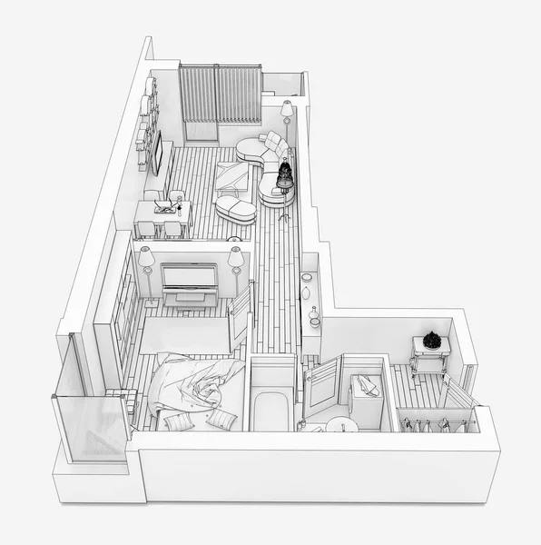 ホーム家具付きアパート模擬ホワイト バック グラウンド フロア プラン図面を行します — ストック写真