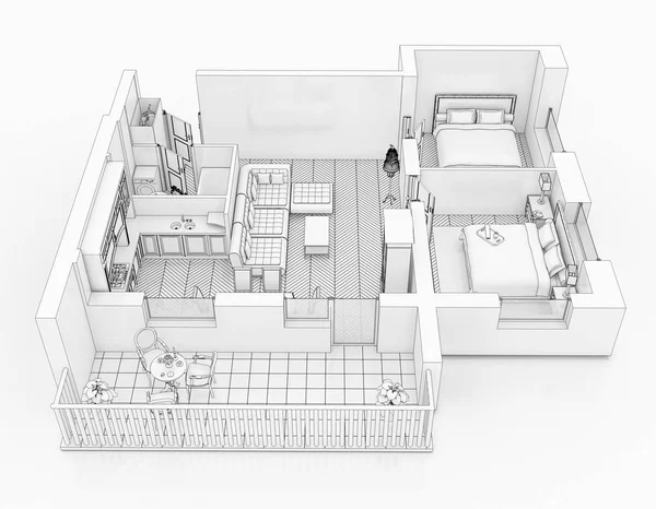 Sorban Egy Fehér Háttér Rajz Alaprajz Modell Berendezett Home Apartment — Stock Fotó