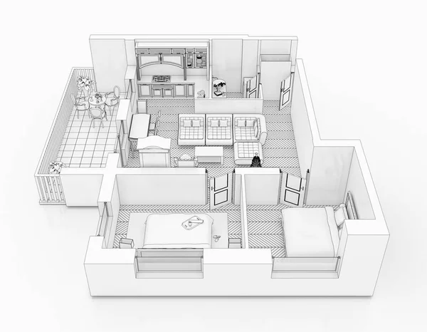 Line drawing floor plan on a white background, Mock up of furnished home apartment