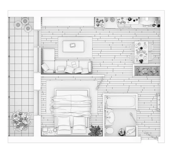 Beyaz bir arka plan üzerinde çizim kat planı sahte bir şekilde döşenmiş ev daire sıraya girin