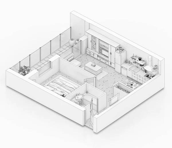 Plano Planta Dibujo Línea Sobre Fondo Blanco Burlan Apartamento Amueblado — Foto de Stock