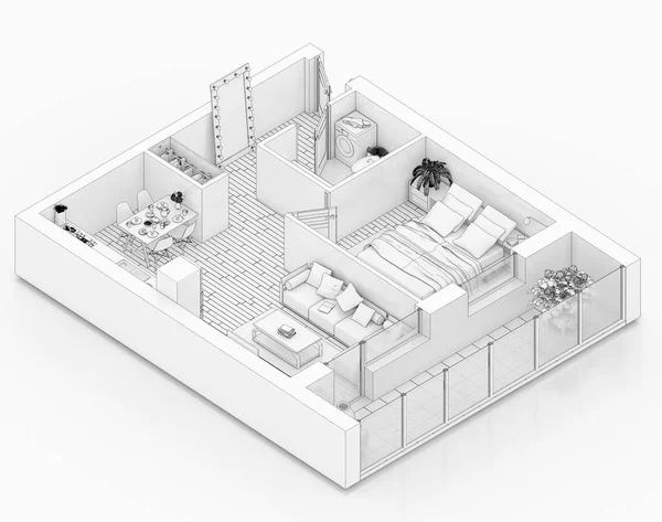 Beyaz bir arka plan üzerinde çizim kat planı sahte bir şekilde döşenmiş ev daire sıraya girin