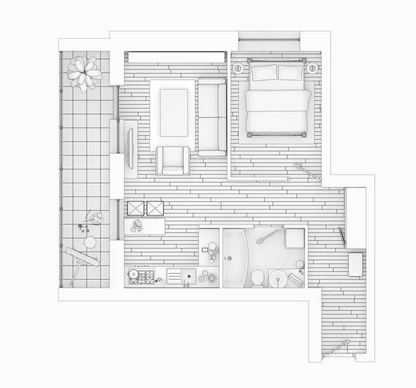 Plano Planta Dibujo Línea Sobre Fondo Blanco Burlan Apartamento Amueblado — Foto de Stock