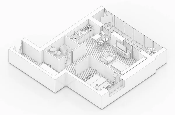 Linea Disegno Planimetria Uno Sfondo Bianco Finto Appartamento Ammobiliato — Foto Stock