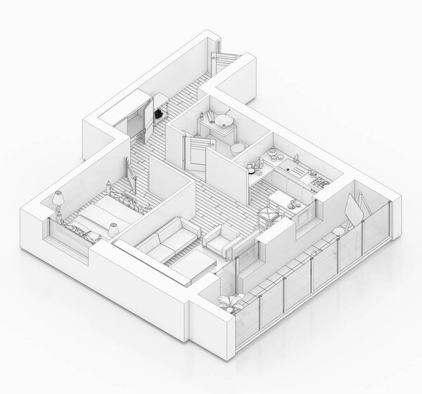 Чертеж планировки на белом фоне, макияж меблированной квартиры
