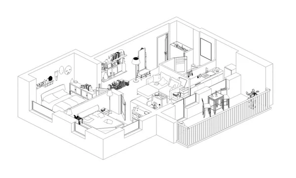 Γραμμικό Σχέδιο Κάτοψης Διαμέρισμα Λευκό Φόντο — Φωτογραφία Αρχείου