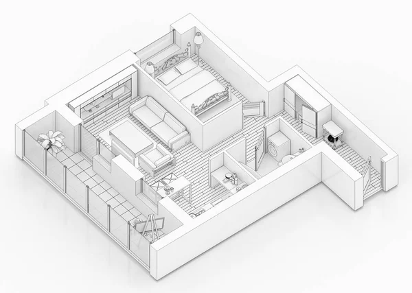 Line drawing floor plan on a white background, Mock up of furnished home apartment