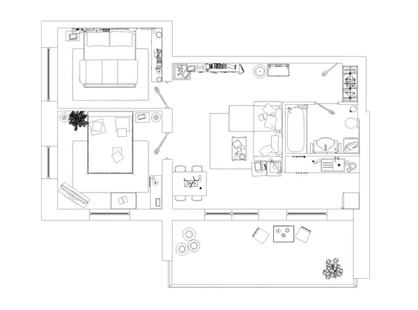 Linha Desenho Apartamento Piso Plano Sobre Fundo Branco — Fotografia de Stock