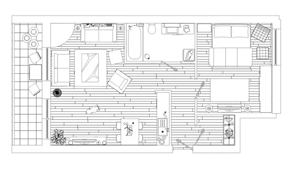 Γραμμικό Σχέδιο Κάτοψης Διαμέρισμα Λευκό Φόντο — Φωτογραφία Αρχείου