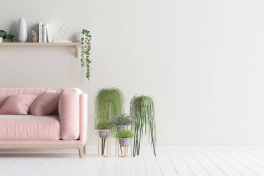 Oturma odası iç duvar alay kadar kadife koltuk ve bitkiler, 3d render ile