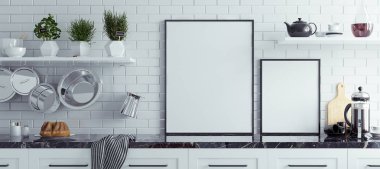 Kara tahta mutfak iç, İskandinav tarzı, panoramik arka plan, 3d render kadar alay