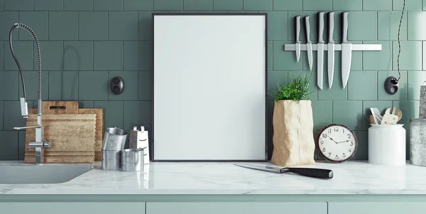 Mock up poster frame in kitchen interior background close-up, 3d render