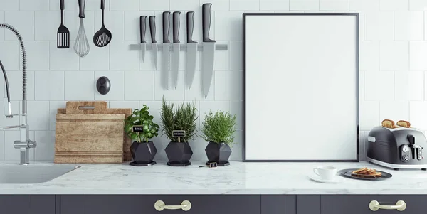 Interior Cocina Moderna Con Banner Vacío Maqueta Render —  Fotos de Stock