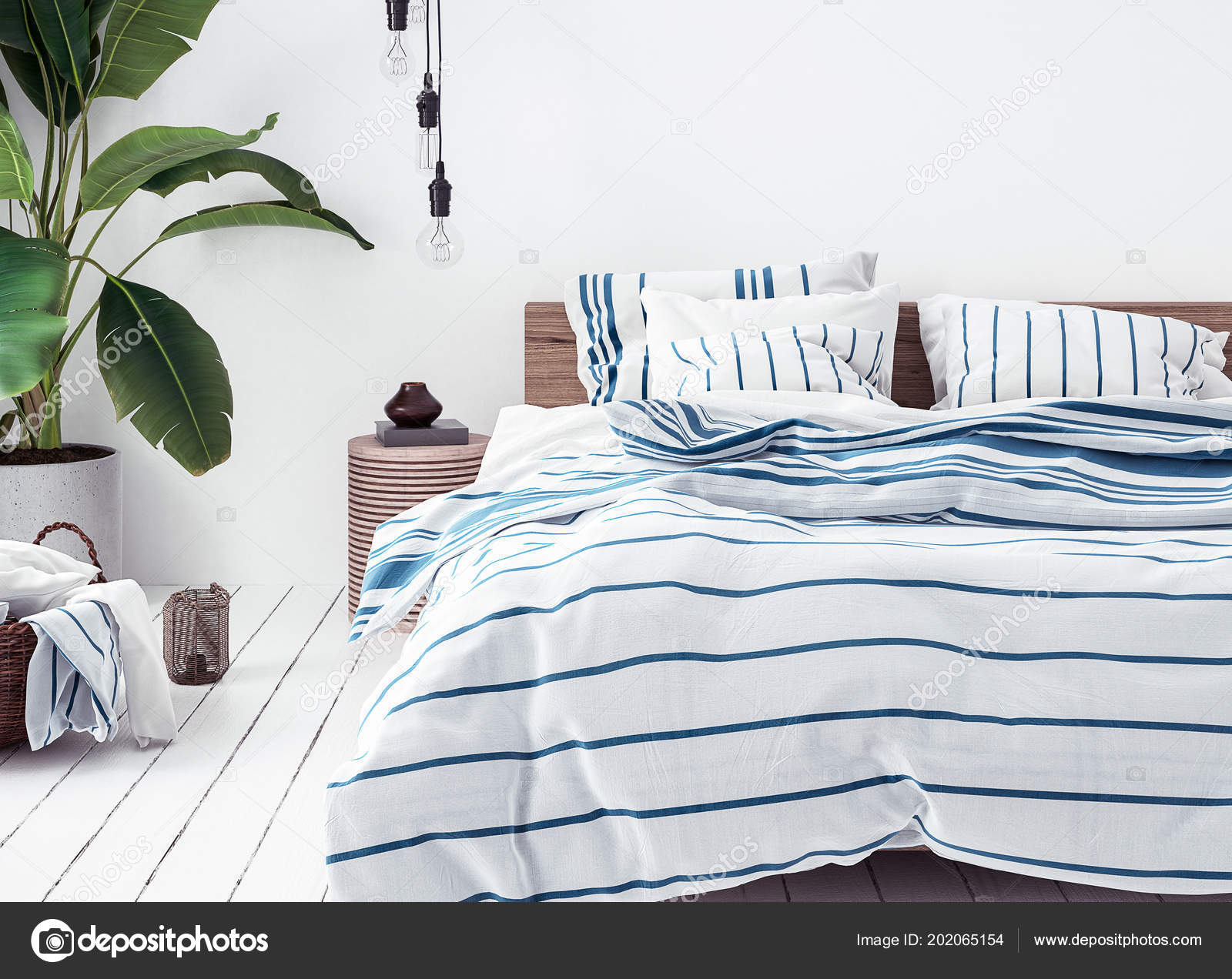 New Scandinavian Boho Style Bedroom Stock Photo