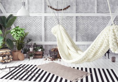 Tavan arası iç tasarım fikir hamak, İskandinav boho tarzı ile 