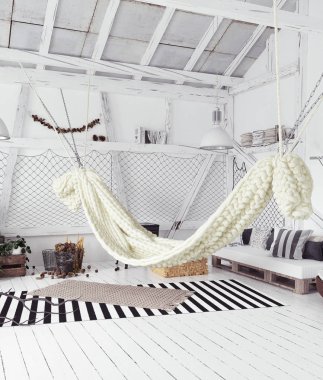 Tavan arası iç tasarım fikir hamak, İskandinav boho tarzı ile 