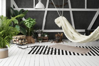 Tavan arası iç tasarım fikir hamak, İskandinav boho tarzı ile 