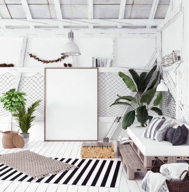 Attic iç tasarım, İskandinav boho stil posterdeki alay. 3D render