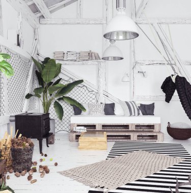 Tavan arası iç tasarım fikir hamak, İskandinav boho tarzı ile 