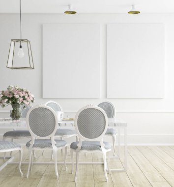 Alay poster çerçevesi, yemek odası, İskandinav tarzı, 3d render.