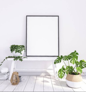 Poster çiçekler ve sepetleri, İskandinav boho tarzı ile eski bankta alay. 3D render