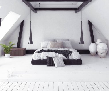 SCANDI-boho yatak odası iç, 3d render