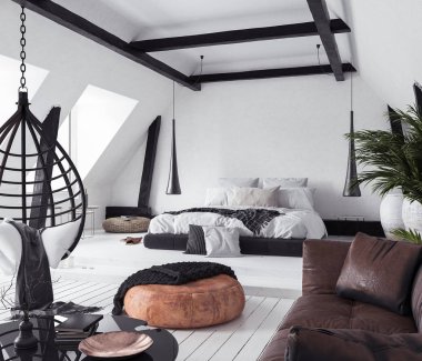 Modern açık plan daire tavan arasında çatı stili, 3d render