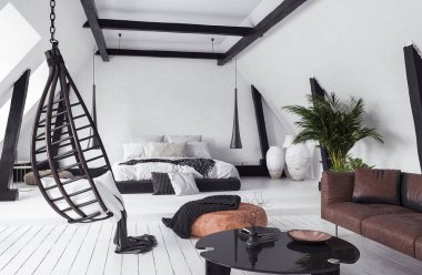 Modern açık plan daire tavan arasında çatı stili, 3d render
