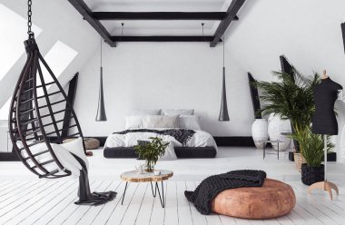 Modern açık plan daire tavan arasında çatı stili, 3d render