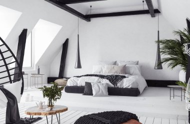 Modern açık plan daire tavan arasında çatı stili, 3d render