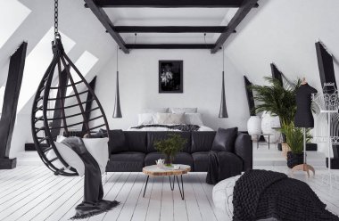 Modern açık plan daire tavan arasında çatı stili, 3d render