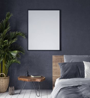 Yatak odası iç, etnik tarzı, 3d render afiş kadar alay