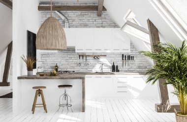 Modern mutfak tavan, SCANDI-boho tarzı, 3d render