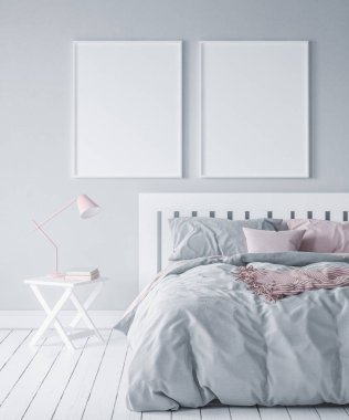 Mock-up modern yatak odası, İskandinav tarzı, 3d render