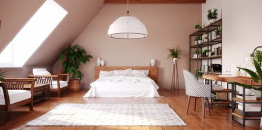 Modern parlak açık alan iç tavan arasında 3d render