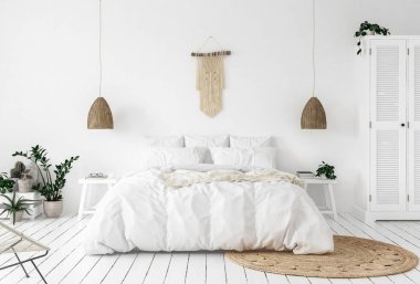 SCANDI-boho stil yatak odası, 3d render