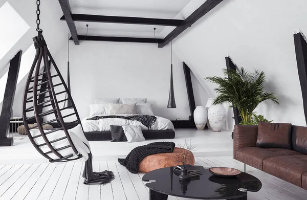 Modern Açık Plan Daire Tavan Arasında Çatı Stili Render — Stok fotoğraf