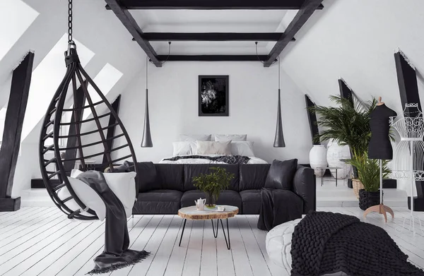 Modern Açık Plan Daire Tavan Arasında Çatı Stili Render — Stok fotoğraf