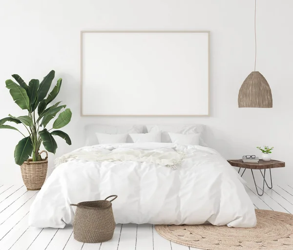 Yatak Odasında Skandinav Tarzı Boyutlu Bir Poster Çerçevesi — Stok fotoğraf