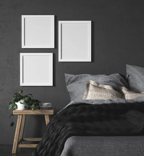 Mock Frames Donkere Etnische Slaapkamer Interieur Render — Stockfoto