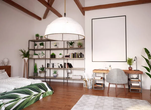 Mock up poster in modern bright open space interior in attic, 3d render