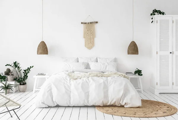 SCANDI-boho stil yatak odası, 3d render