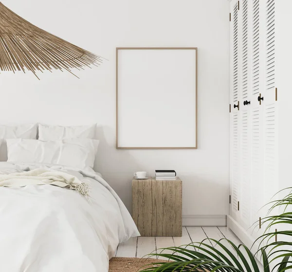 Mock Poster Frame Bedroom Scandinavian Style Render — Stock Photo, Image