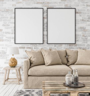 Mock-up çerçeve iç arka planda, İskandinav tarzı, 3d render